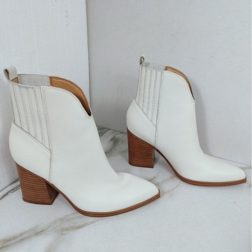 Marc Fisher Lommie Off White Western Style Block Heel Cowboy Ankle Boots, 8.5